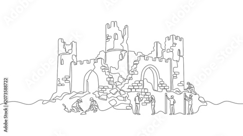 Schilderij op canvas Continuous line drawing of people rebuilding ancient castle ruins, minimal outli
