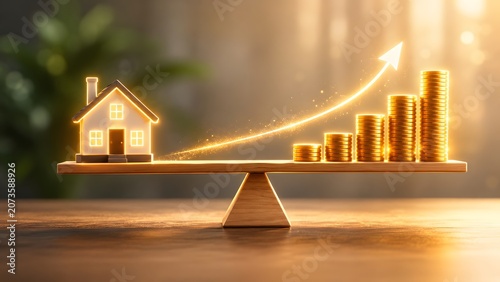 Miniature house and gold coin stacks balancing on wooden seesaw with glowing upward arrow. Concept of real estate investment growth, property market valuation, and mortgage finance strategy.