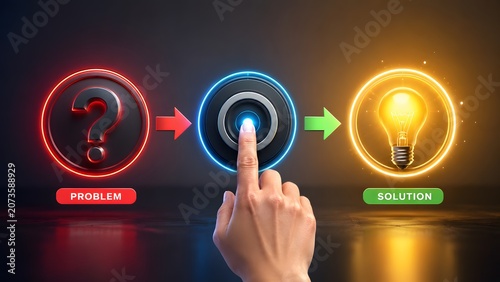 Businessman hand pressing glowing blue button between red problem and yellow solution icons. Concept of business problem solving, creative innovation, and process optimization.