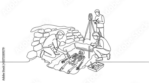 Canvastavla Archaeologists excavating skeletal remains with tools and camera at dig site