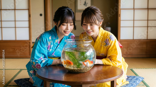 和室のテーブルに置かれた金魚鉢を笑顔で見つめる浴衣を着た女性たち