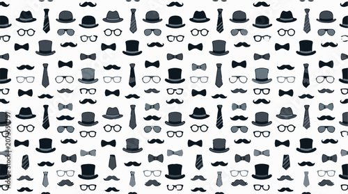 Vintage mens accessories, hats, glasses, bow ties, mustaches, seamless pattern, black and white icons