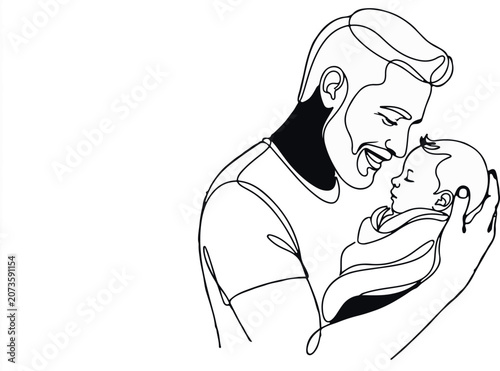 Continuous line drawing, father holding baby, love, family, black and white vector illustration