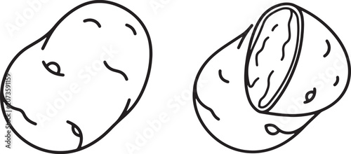 Photos Art & Illustration, Raw whole potato and cut potato wedge line icon set