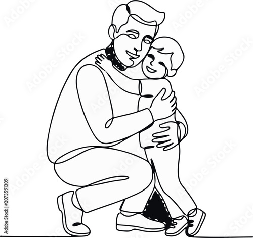 Continuous line drawing, father and child hug, family love, black and white vector illustration