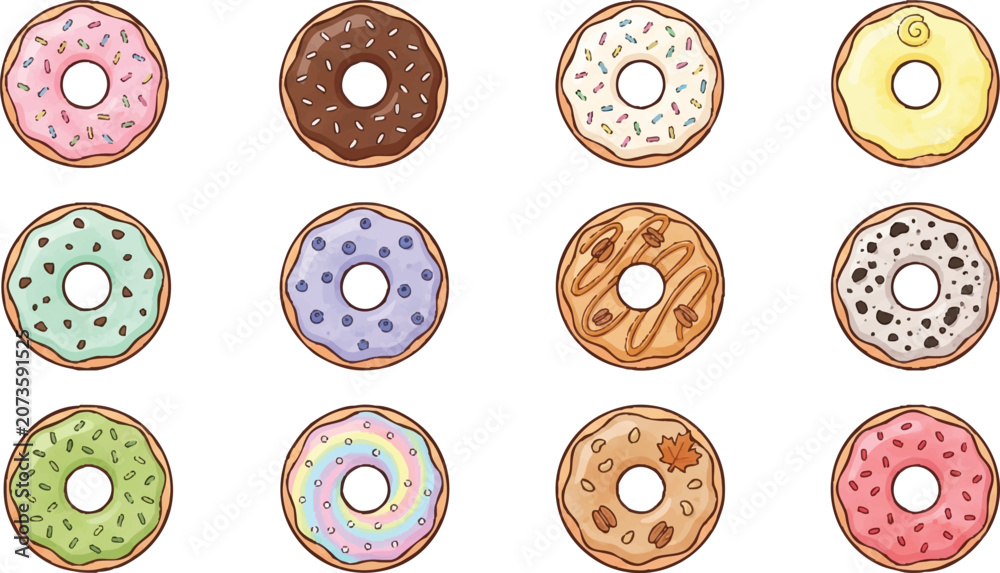 Naklejka premium Colorful donuts with sprinkles and frosting.