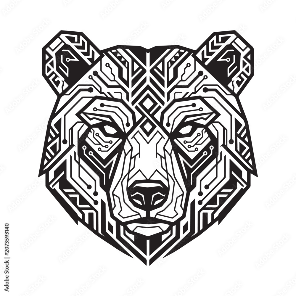 Fototapeta premium Geometric Bear Head with Circuit Board Pattern Tech Tribal Mascot Vector Illustration Art