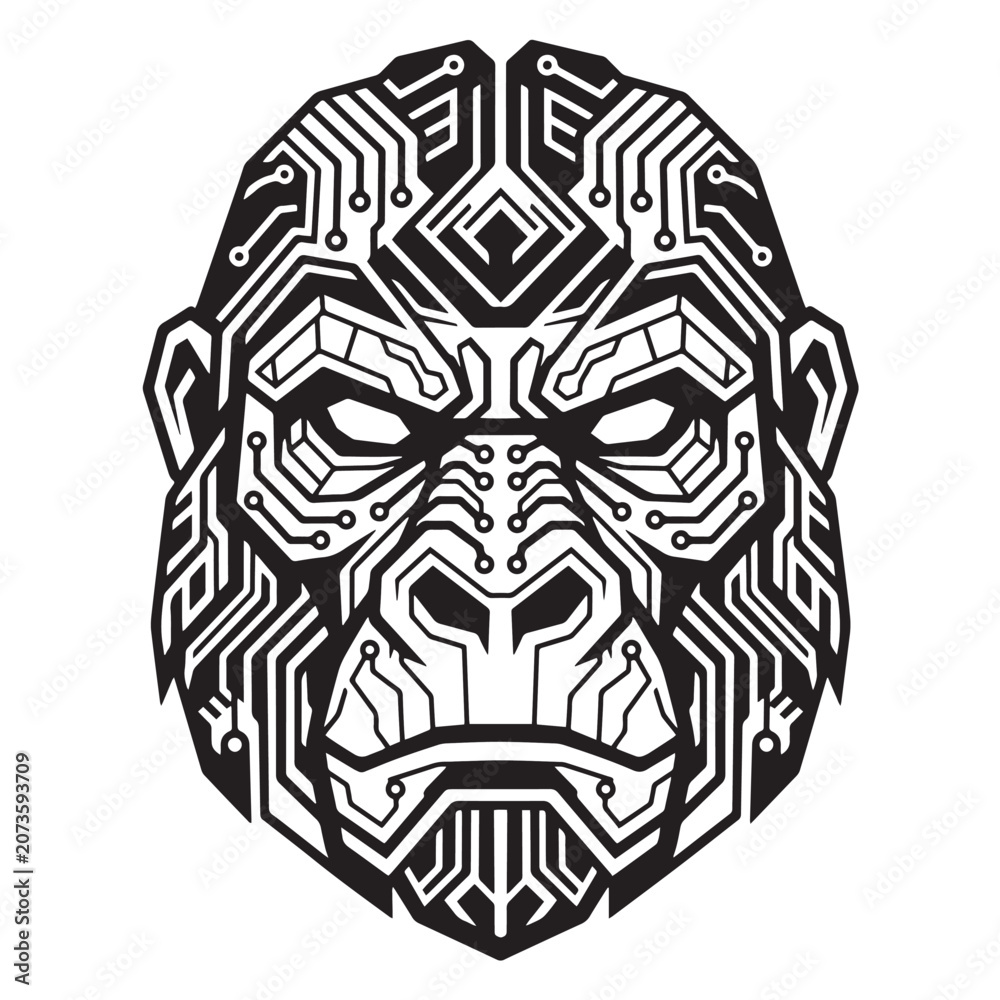 Fototapeta premium Mechanical Gorilla Head Graphic with Futuristic Digital Circuit Board Pattern Illustration