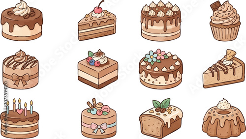 Картината върху платно Variety of Decorated Cake Desserts.