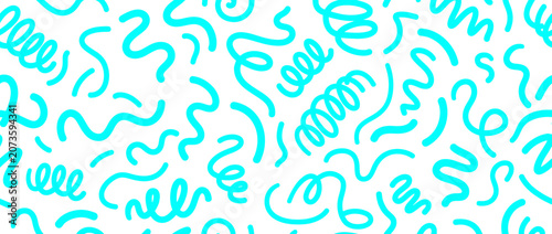 Abstract Cyan Swirls and Squiggles on White Background Seamless Pattern
