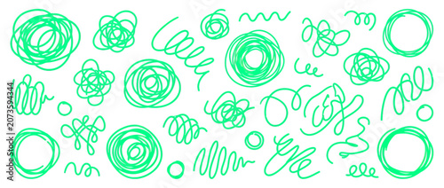 Abstract Doodle Patterns: Green Scribble Shapes and Circles on White Background