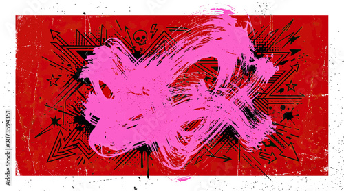 Abstract Pink Brush Stroke Splash on Grunge Red Background with Geometric Patterns