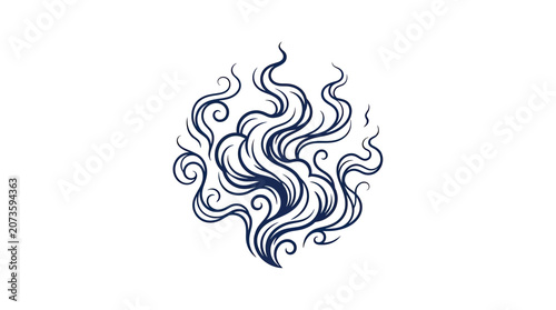 Abstract Swirling Dark Blue Smoke or Fire Swirls on White Background