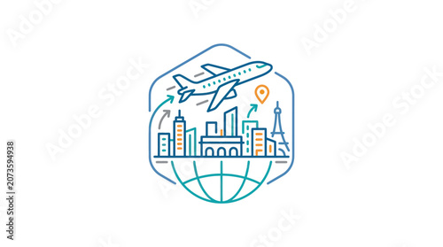 Airplane flying over city skyline globe.
