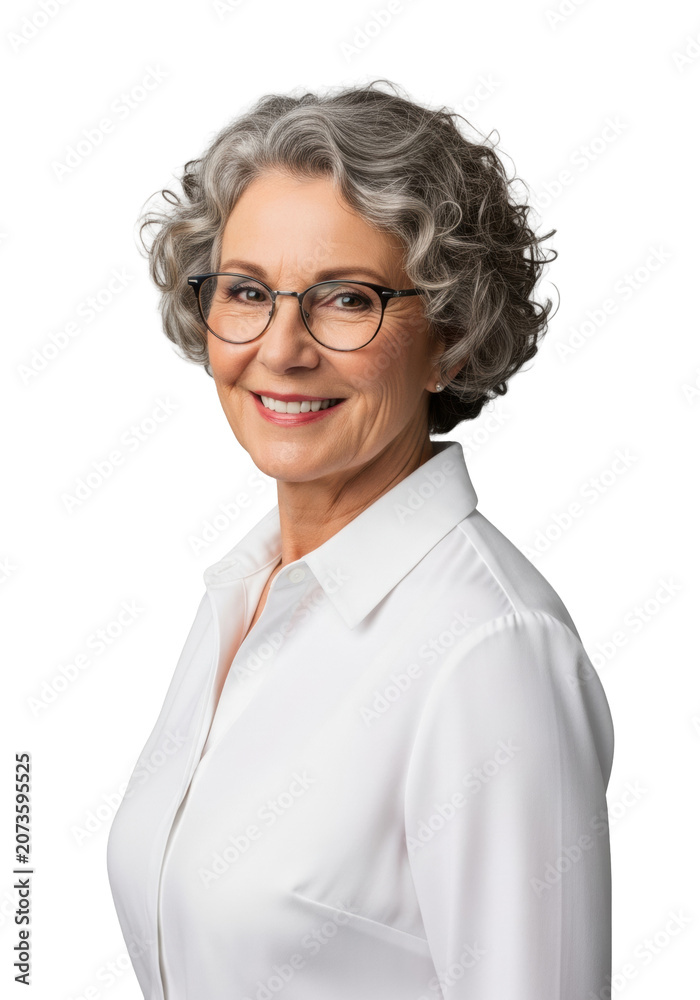 Obraz premium Mature caucasian woman with curly grey hair wearing glasses and a white shirt smiling warmly in a studio on a gray background concept of professional wisdom