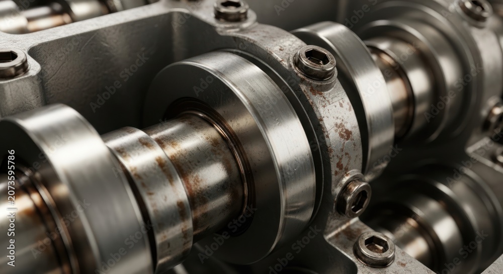 Fototapeta premium Close-up view of a complex mechanical engine camshaft and components.