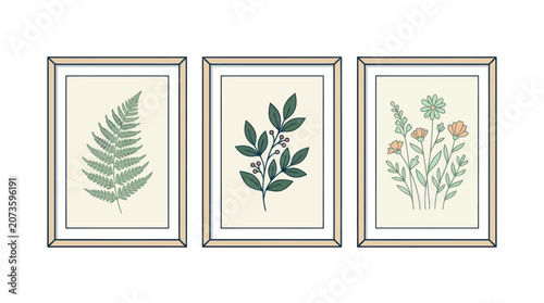Canvastavla Botanical illustrations of green plant leaves.