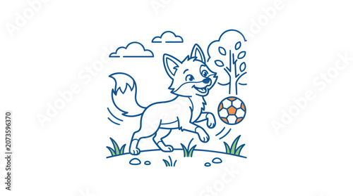 Fotografie Dog Playing with Soccer Ball Outdoors.