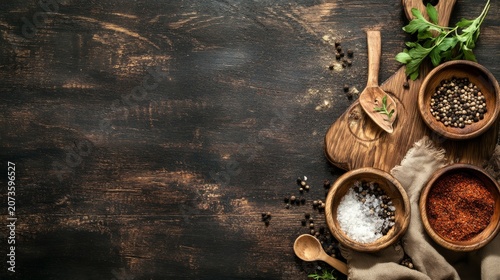 Rustic wooden table with various spices in bowls