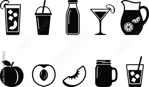 Tableau sur toile Black icons of drinks and fruit