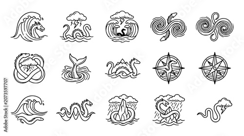 Fotografie Mythical Sea Monsters, Waves, and Ancient Symbols - Line Art Icons