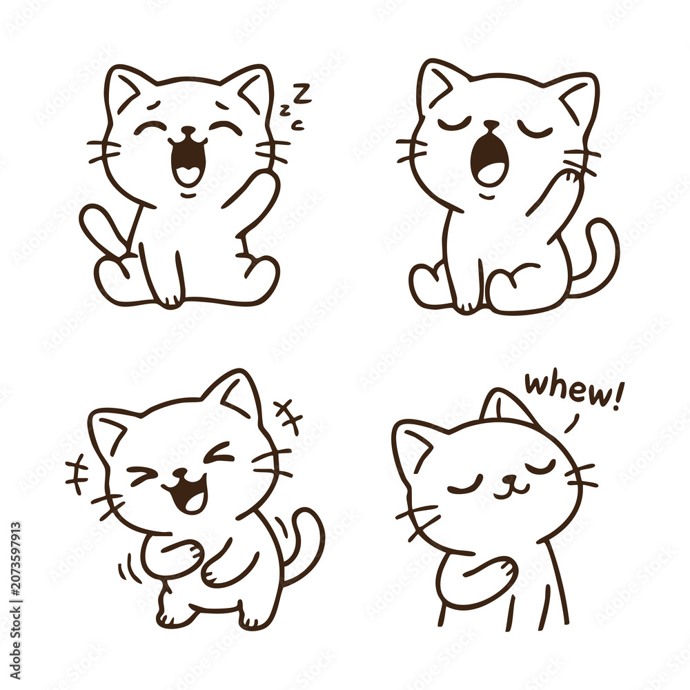 Obraz premium Cute Sleepy and Laughing Cats Mood Expression Set Cartoon Vector Illustration for Kids Coloring Page