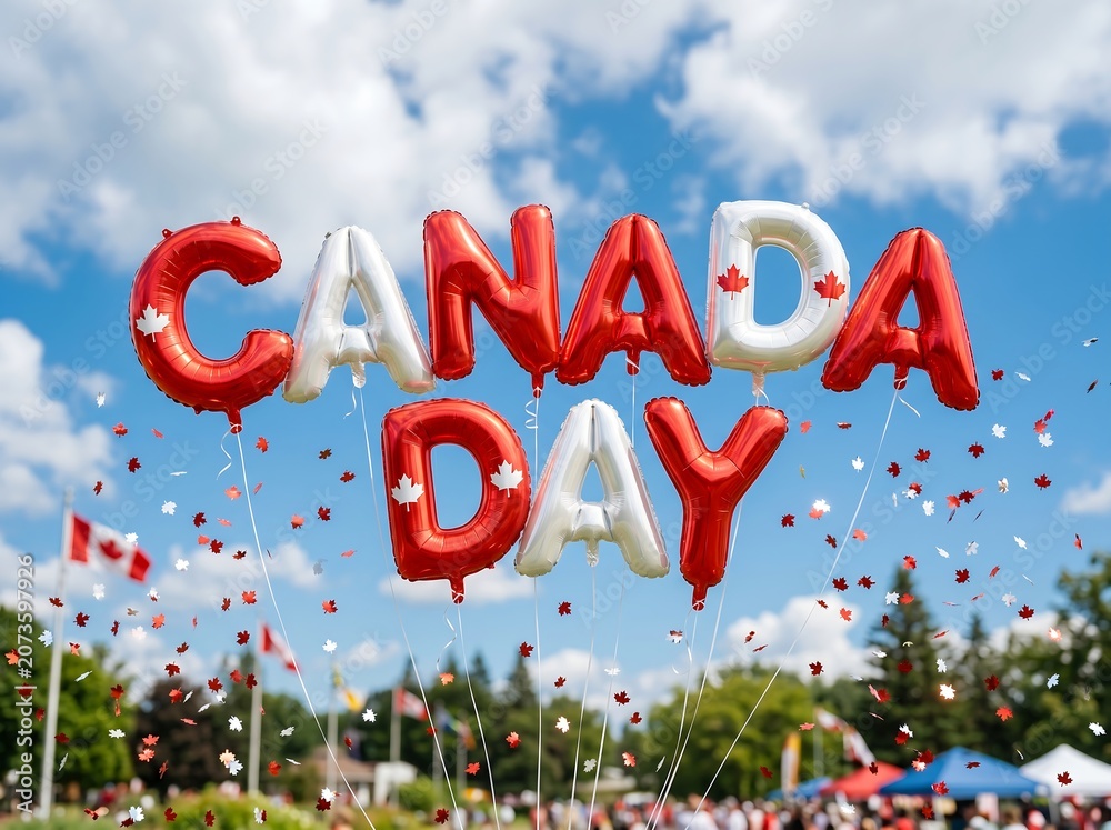 Fototapeta premium Red and White Balloons Celebrating Canada Day