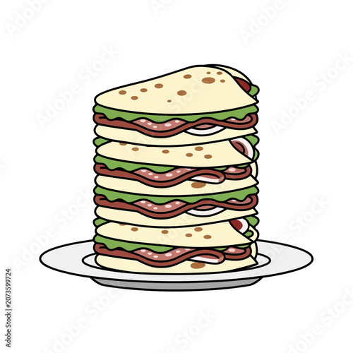 Stacked sandwich with meat and lettuce on a plate