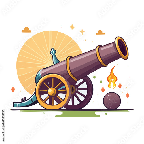 Vintage Cannon with Cannonball and Fire Illustration