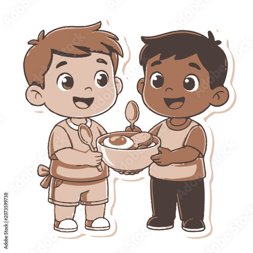 Two cartoon boys sharing a bowl of food