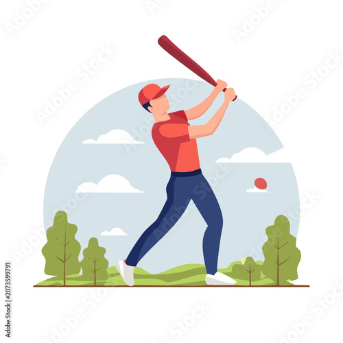 Baseball player swinging bat in flat vector style