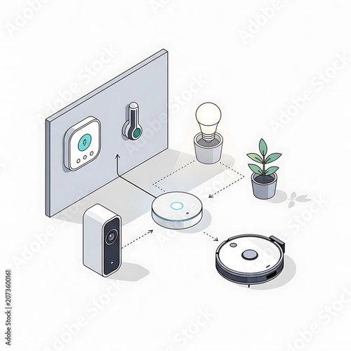 Isometric smart home system illustration featuring a central hub connected to various automated devices including a security camera robot vacuum light bulb thermostat and wall panel in a clean style.