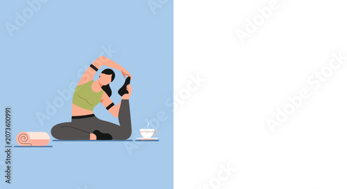 Canvastavla A woman in green sports bra and black leggings performs a yoga stretch on a blue background with a rolled mat and a cup of tea nearby