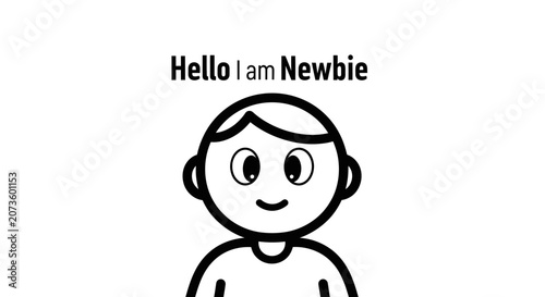 Photography "Hello I am Newbie" text above a cartoon boy line icon vector illustration