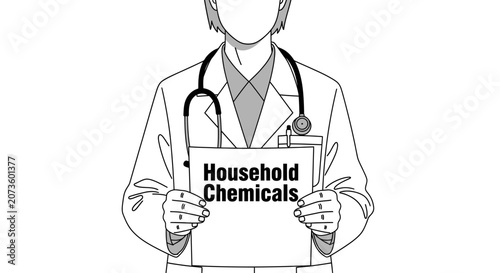 Fotografie A line art illustration of a doctor holding a sign that says Household Chemicals, representing medical advice regarding chemical safety, household hazard awareness, and toxicity prevention