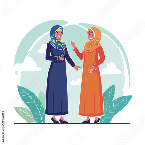 Two women in hijab talking, flat vector illustration