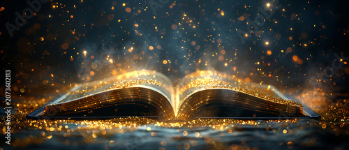 Wide Panoramic Magic Book with Glowing Gold Dust and Mystical Light Beams on Dark Fantasy Background for Back to School Banners, World Book Day Posters and Game Loading Screens
