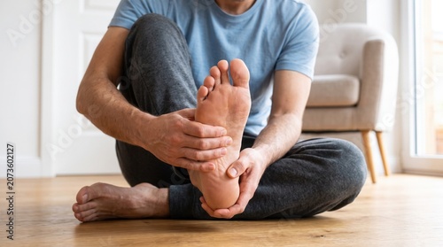 Foot pain and plantar fasciitis concept, man massaging painful foot sole at home, orthopedic health issues and podiatry care