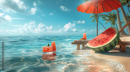 Wide Summer Tropical Beach Watermelon and Refreshing Drinks Scene with Large Sky Copy Space for Travel Agency Vacation Promos, Island Tour E-commerce Banners and Summer Beverage Ads