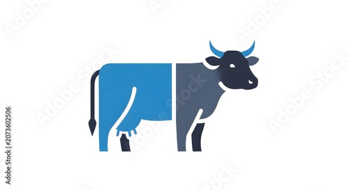 Minimalist blue and gray cow illustration with geometric design