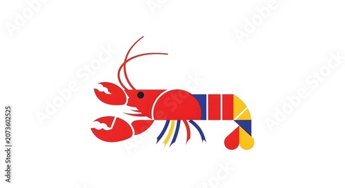 Colorful geometric lobster illustration with abstract shapes on white background