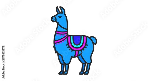 Colorful cartoon llama illustration with vibrant blue and purple patterns
