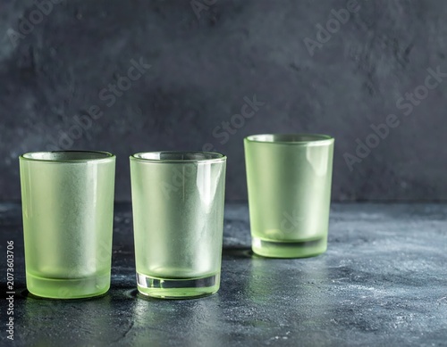 Three frosted green glasses on a dark textured surface, against a blurred gray background.