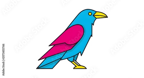 Colorful geometric bird illustration with vibrant blue and pink hues