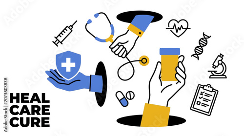 Photos Medical professionals providing health care and cure with various medical tools