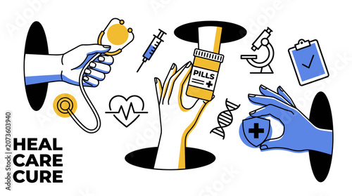Obraz na plátně Medical hands administering healthcare with stethoscope and medication
