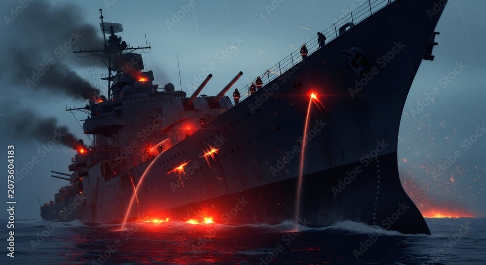 Fototapeta premium Warship firing ammunition at night in middle of ocean. Sailors on deck during naval combat engagement. Military maritime operation and heavy artillery defense. Armed vessel in battle.