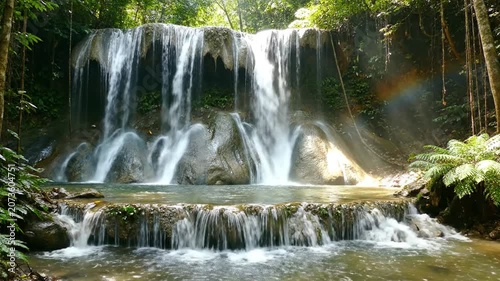 Static Shot Of A Multi Tier Waterfall Flowing Smoothly