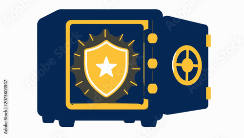 Vibrant illustration of a secure open safe, proudly showcasing a golden shield with a star, symbolizing ultimate protection, financial security, and invaluable asset safeguarding
