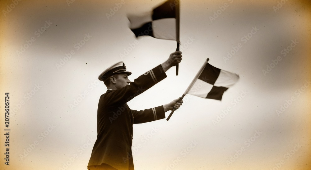 Fototapeta premium Sailor using flag semaphore to send signal at sea. Military man in uniform communicating with maritime flags. Historical war communication system, navy signals and tactical signaling.
